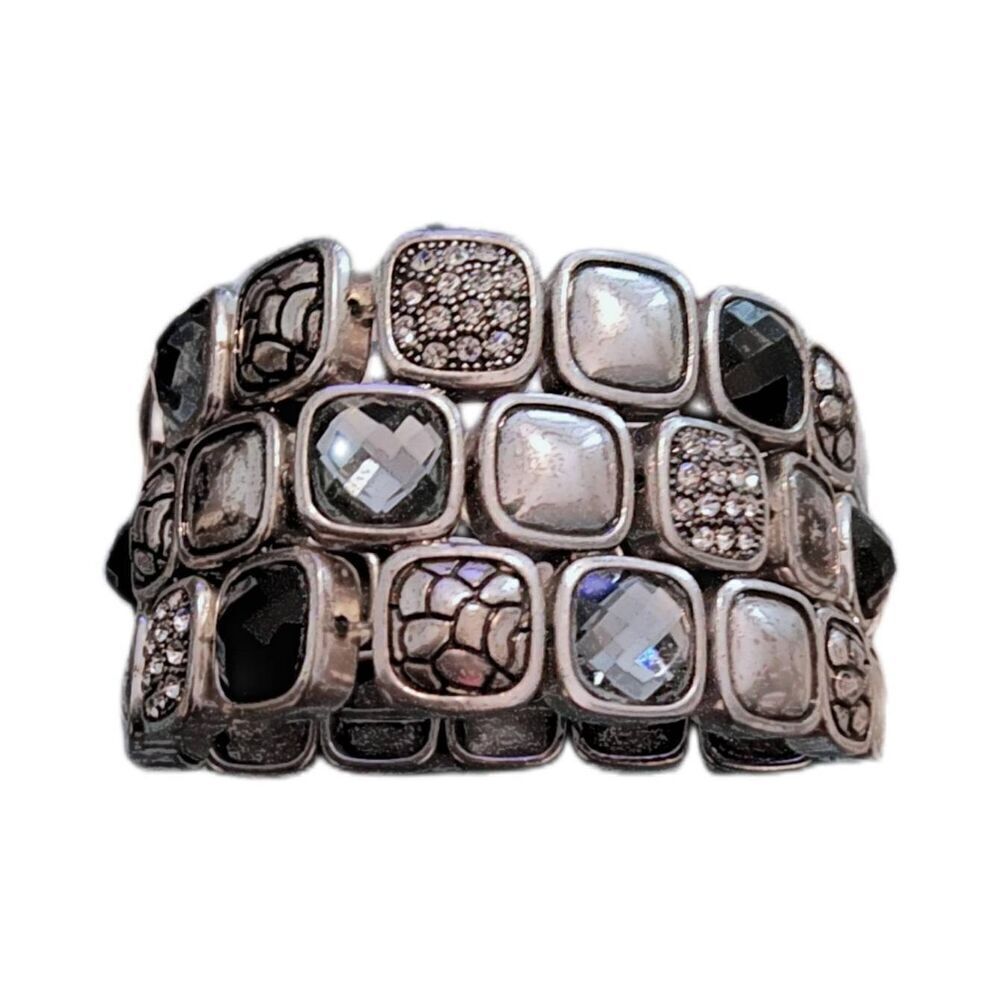 Vintage CHICO'S Silver Faceted Crystal Rhinestone Tile Wide Stretch Bracelet